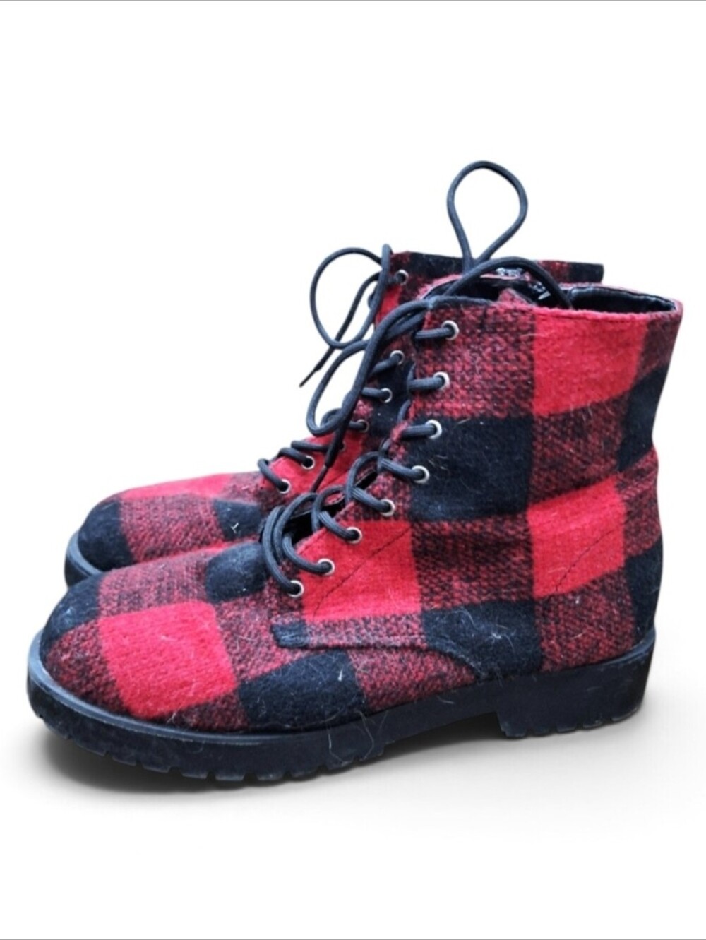 Women's Red & Black Buffalo Plaid Lace Up Boots~Size 10